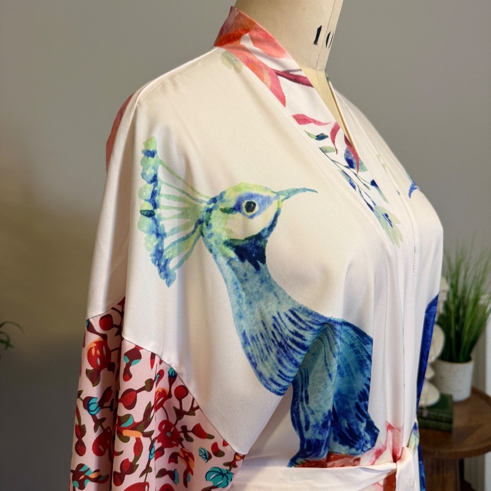 Peacock Floral Satin Kimono Robe One Size Belted Long Duster Cover Up Loungewear - Picture 4 of 15